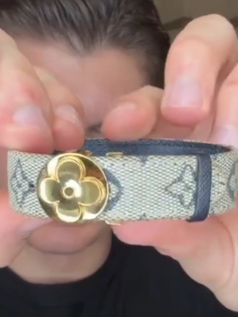 Louis Vuitton Beige Monogram Canvas Bracelet with Black Trim and Gold Hardware